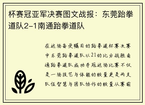 杯赛冠亚军决赛图文战报：东莞跆拳道队2-1南通跆拳道队